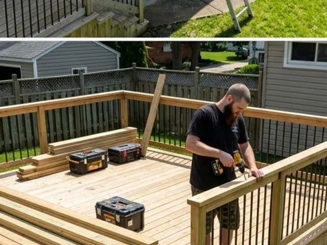 A backyard wood deck being built and stained