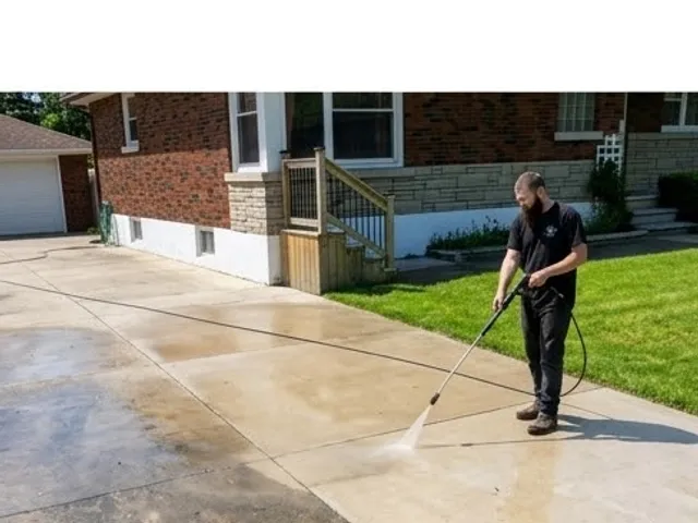 A driveway being pressure washed clean